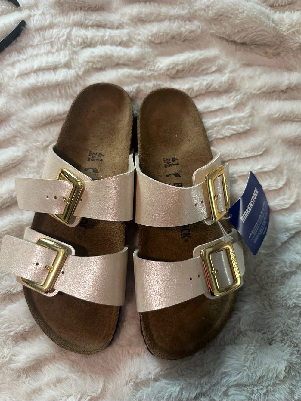 Birkenstock Women's Arizona Metallic Grace Pearl Sandals with Gold Buckles 41